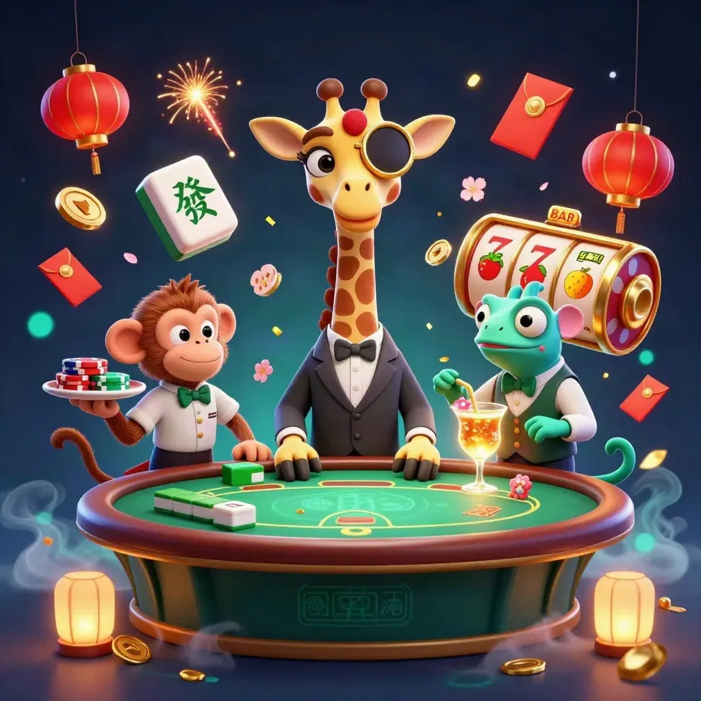 Giraffe, monkey, and chameleon in a neon casino scene with chips, reels, and lanterns.