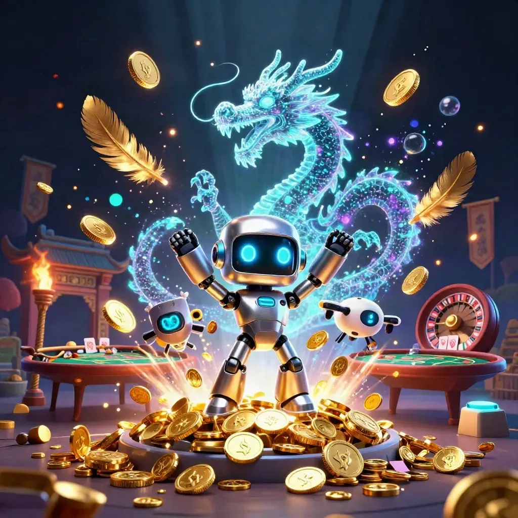 Cyberpunk robot, holographic dragon and drone amid gold coins, temple gate and casino sparks.