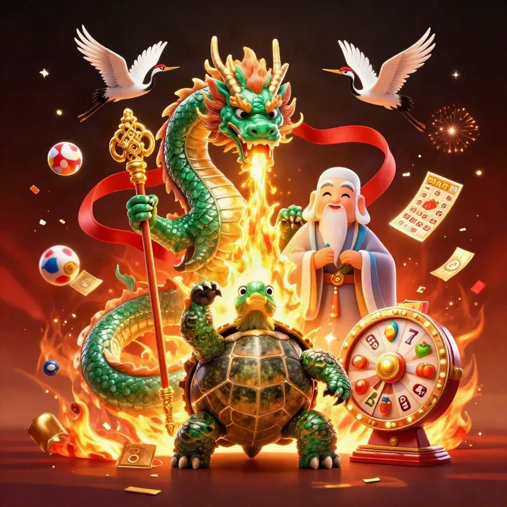 Emerald dragon, sage turtle, and cranes amid gold fire, casino symbols, sparks, and reels.