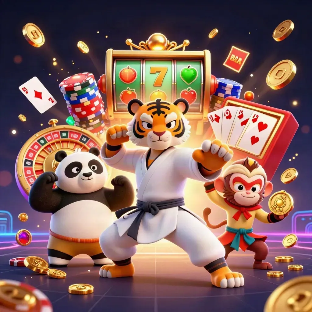 Tiger, panda and monkey amid casino coins, chips, roulette and glowing reels