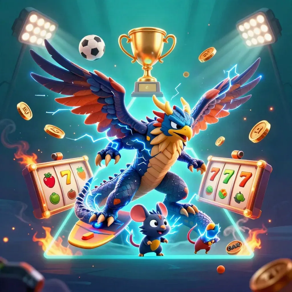 Thunder dragon, wind hawk, and crackling mouse amid casino game elements and gold coins.
