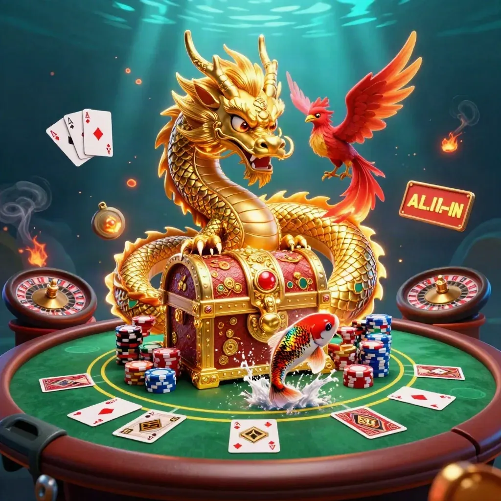 Golden dragon with phoenix and koi around treasure chest, chips, cards, and roulette wheel