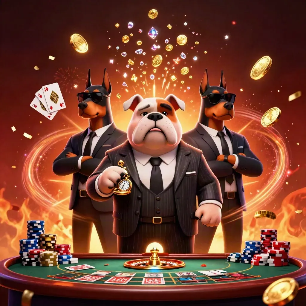 Bulldog casino boss with Doberman guards, flying chips, roulette wheel and gold coins.