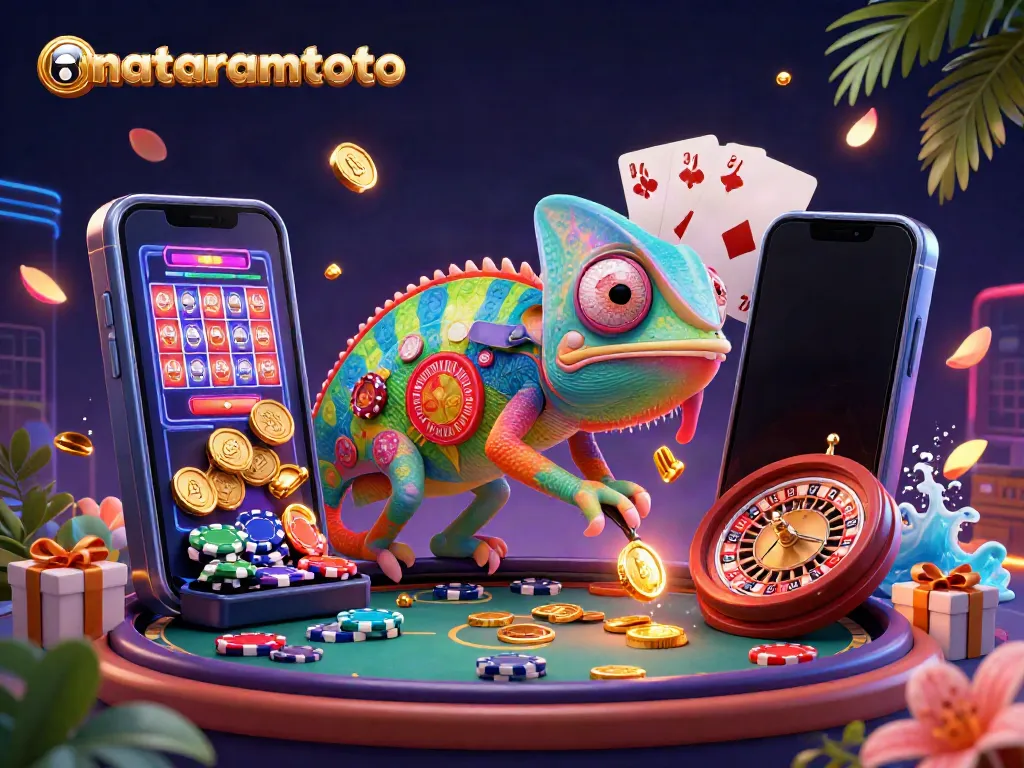 Experience thrilling wins at mataramtoto, featuring a vibrant chameleon owner in a bustling casino scene.
