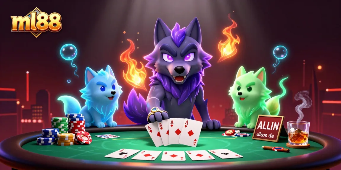 Experience thrilling gameplay at the ml88 casino with captivating poker scenes and mystical wolves.
