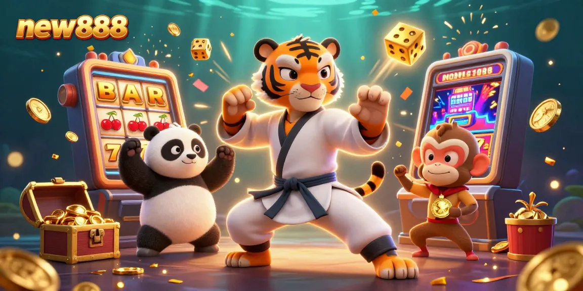Experience the excitement of new888 with vibrant casino elements and playful characters engaging in thrilling action.