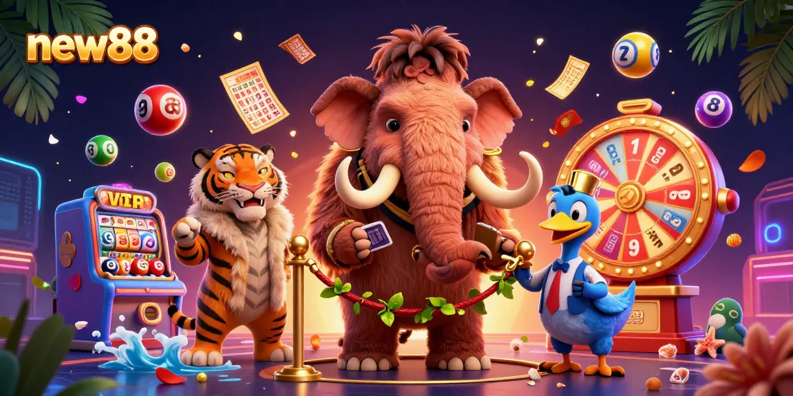 Win exciting games at new88 with a vibrant casino scene, featuring colorful elements and engaging characters.