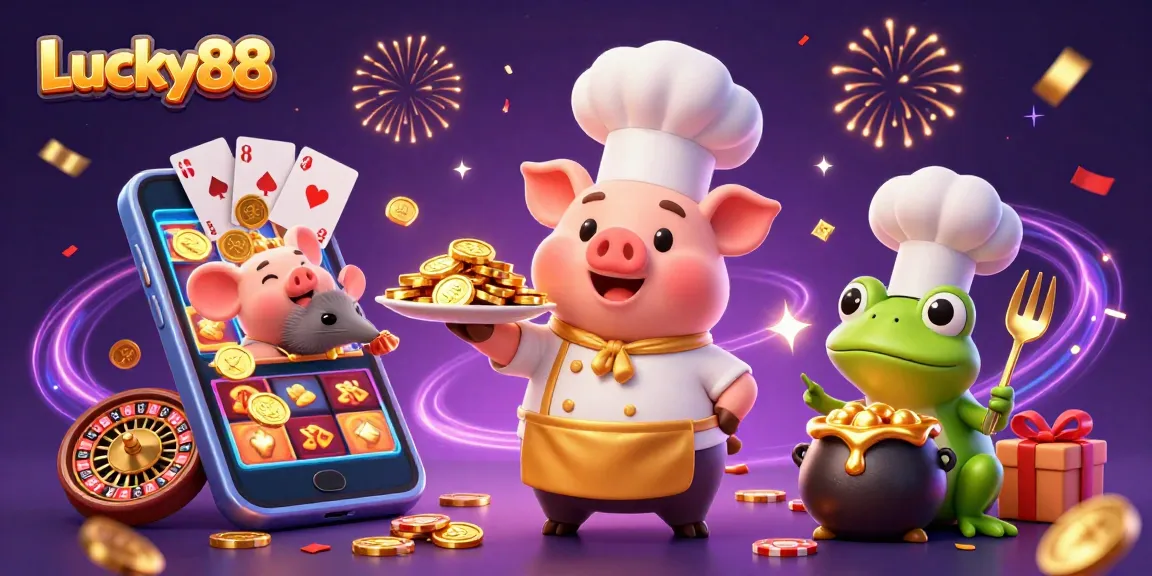 Experience the thrill of Lucky88 with 3D characters serving golden coins amidst dynamic gambling elements.