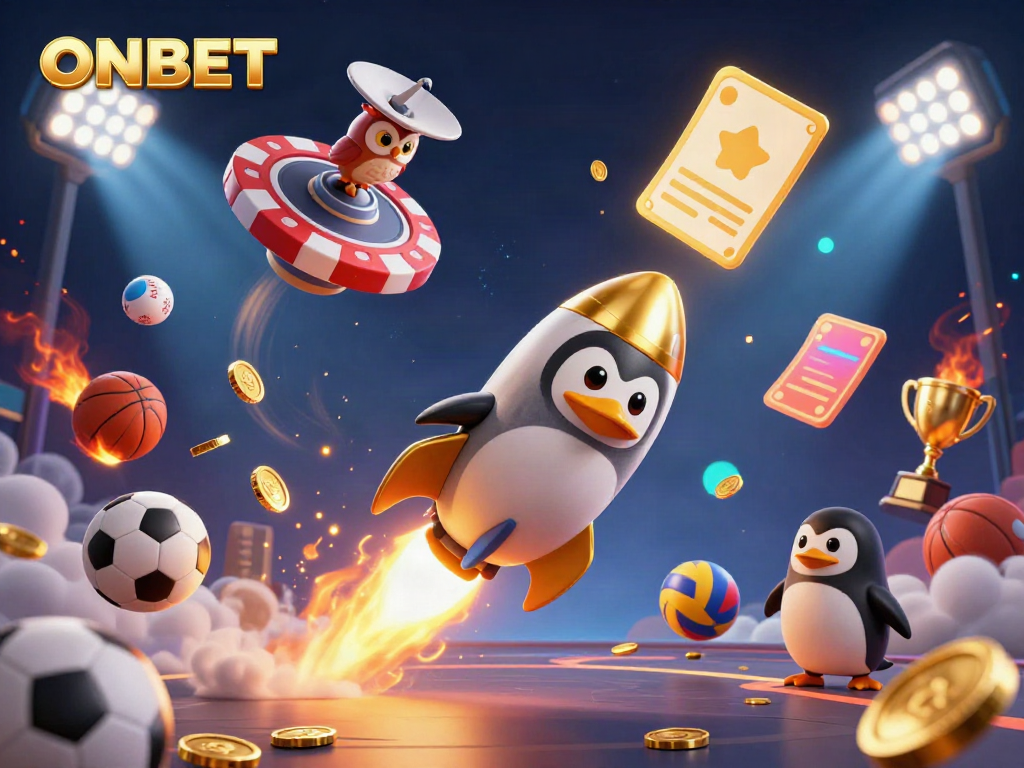 Experience ONBET's thrilling space-themed adventure with a golden penguin and sports elements.