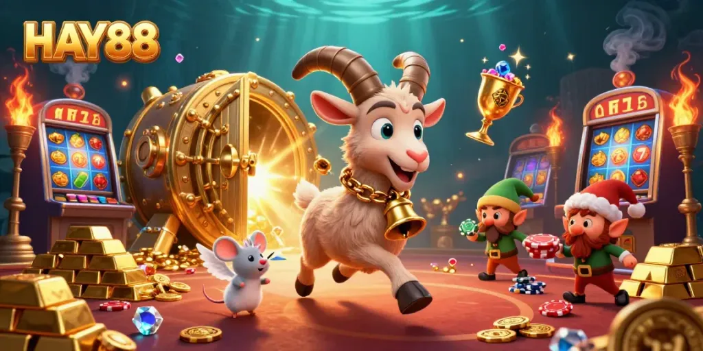 Experience the excitement of HAY88 in a vivid 3D casino scene filled with whimsical characters and treasures.