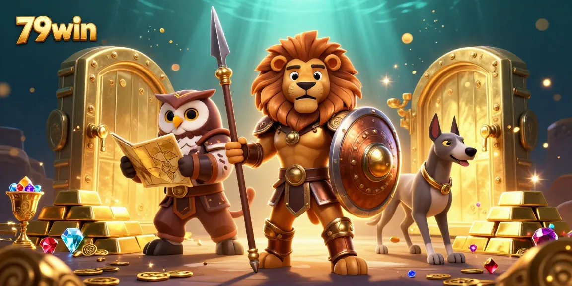Engage with thrilling action in 79win's vibrant casino scene featuring characters collecting treasures.