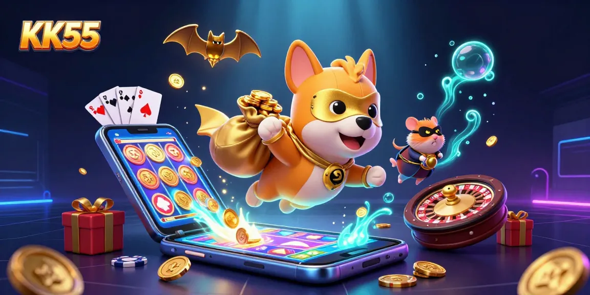 Experience the excitement of KK55 with a superhero dog and hamster amidst vibrant slot game elements.