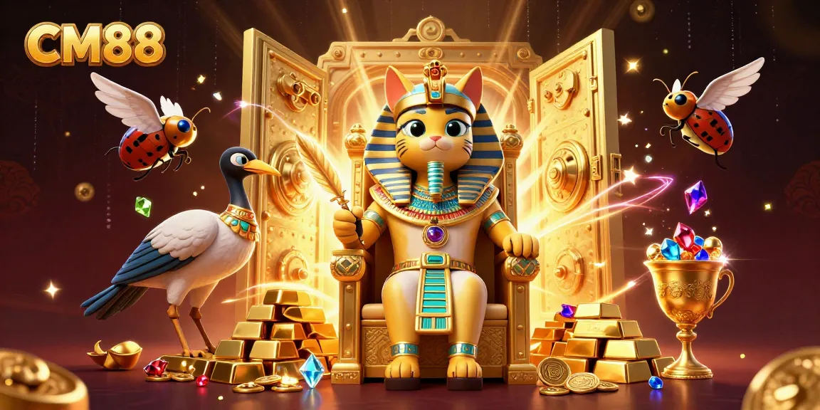 Experience the thrill of CM88 as the Egyptian pharaoh cat presides over a treasure vault in this vibrant casino scene.