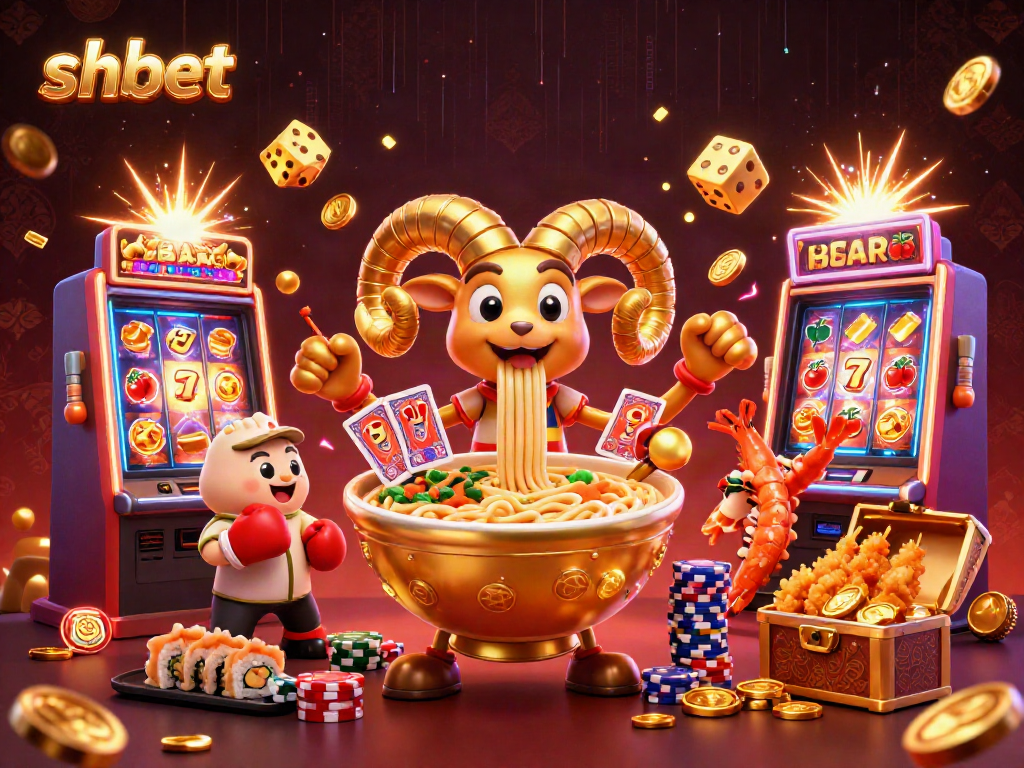 shbet giant ramen bowl dealer surrounded by casino elements and vibrant scenes of gaming action