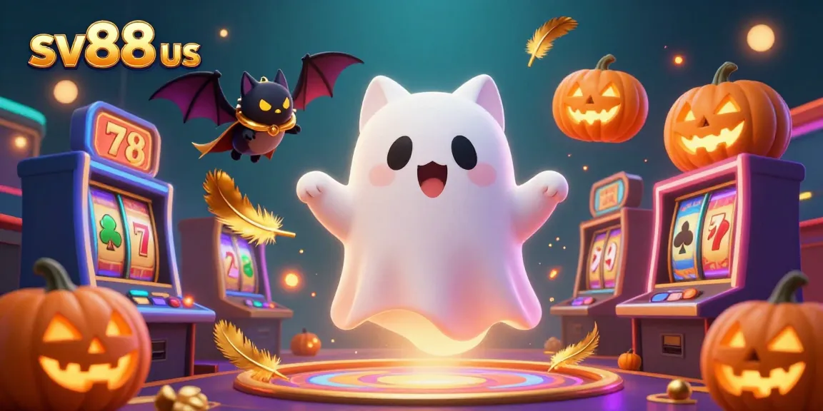 Engage in thrilling gambling action at sv88 us with a vibrant casino scene featuring a ghost cat, vampire bat, and glowing jack-o-lanterns.
