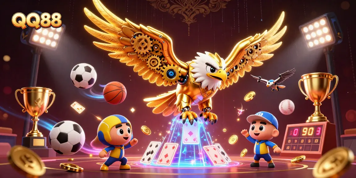 Experience the excitement of QQ88 with a dynamic 3D illustration of a golden eagle in a gambling scene.