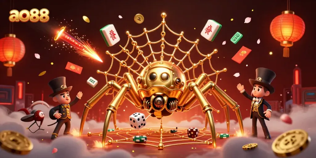 Engage with ao88's thrilling casino world featuring a golden spider web of excitement.