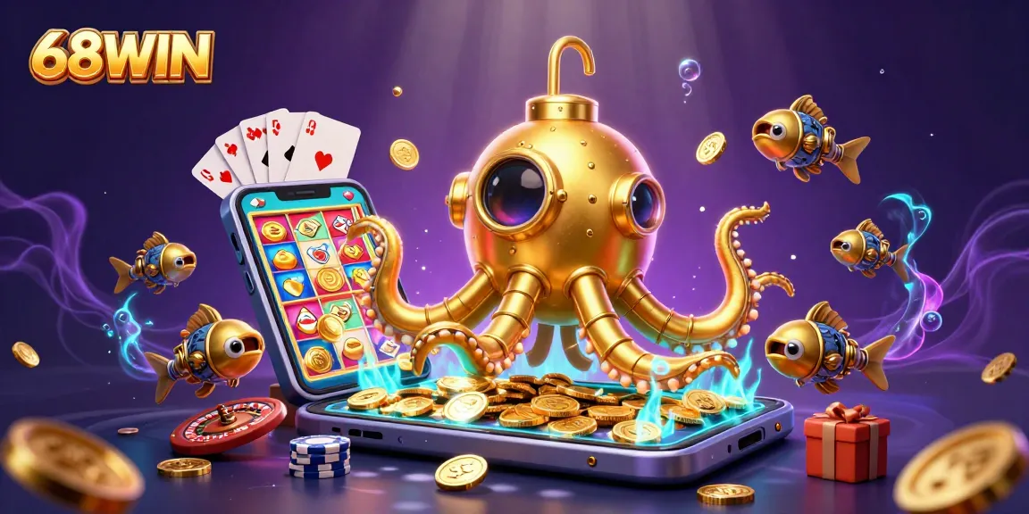 Engage with thrilling gaming at 68WIN, featuring a golden kraken, coins, and vibrant slot games.