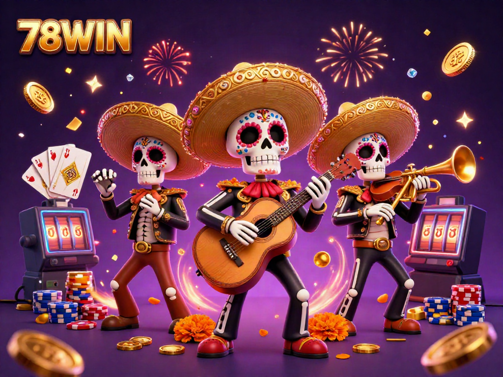 Engaging 3D illustration capturing 78WIN with vibrant mariachi band and casino elements.