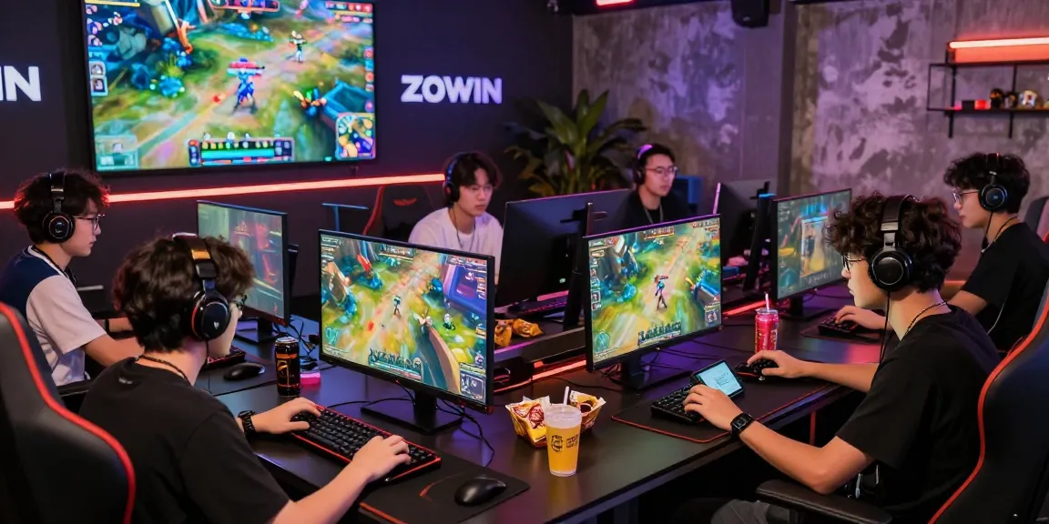 Thrilling online gaming atmosphere with players enjoying game bài zowin on multiple devices in a vibrant lounge.