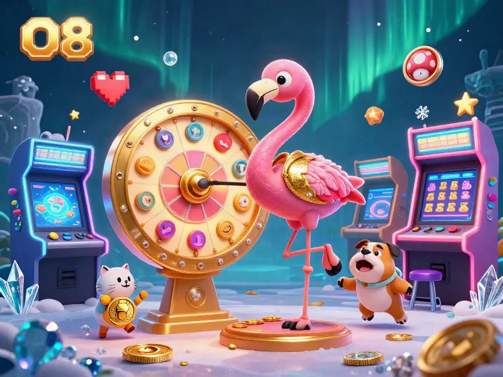 Join the excitement at O8 as a flamingo host spins the prize wheel, surrounded by vibrant casino gaming elements.