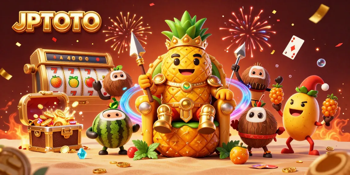 Experience the vibrant JPTOTO gaming scene with a golden pineapple king and lively casino elements.