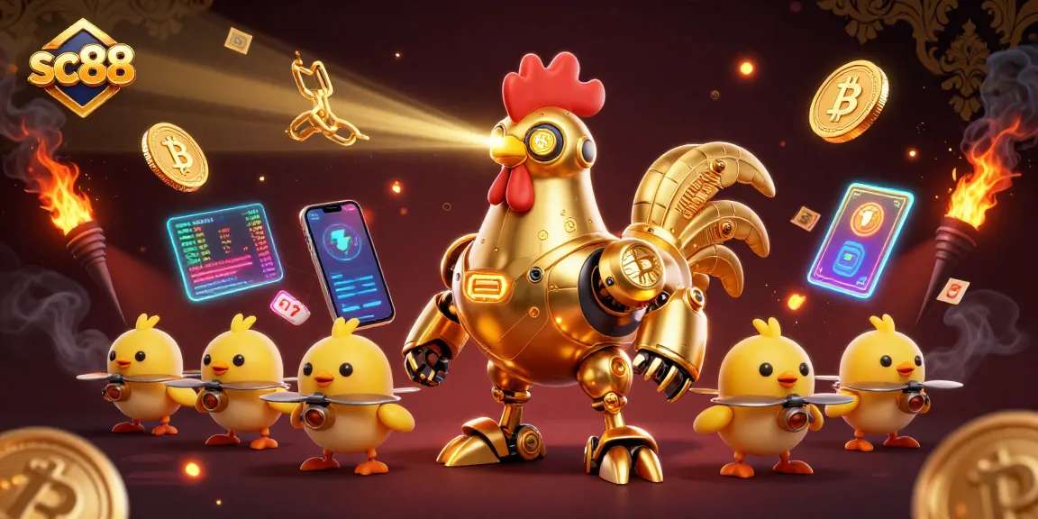Engage in thrilling sc88 action with a golden rooster robot and crypto elements in this vibrant casino scene.