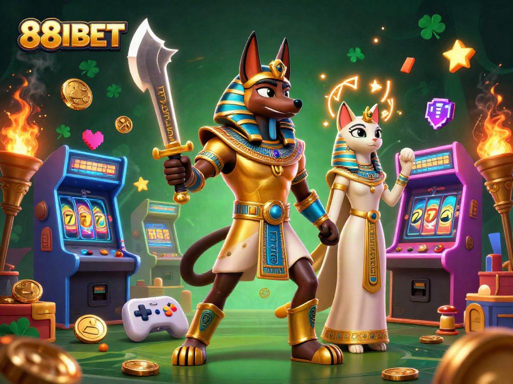 Join the thrilling world of 88IBET with Anubis and Bastet amidst vibrant casino elements.