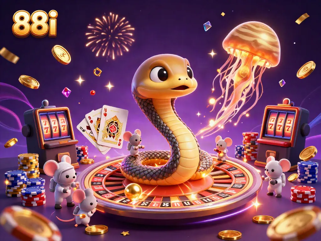 Engaging scene with 88i's Saturn ring snake as a roulette wheel, mice betting among colorful casino elements.