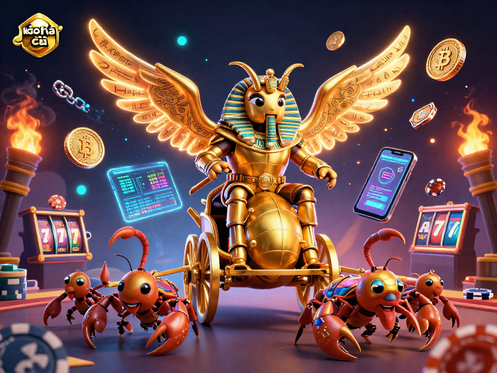 Engage with kèo nhà cái 5 through a vibrant casino-themed scene featuring dynamic golden scarabs and glowing crypto coins.