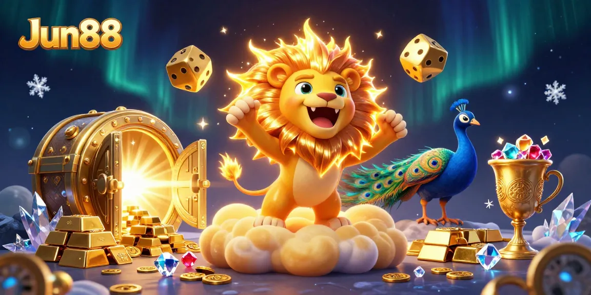 Jun88's roaring sun lion leads players to casino triumph, surrounded by gold and gems.