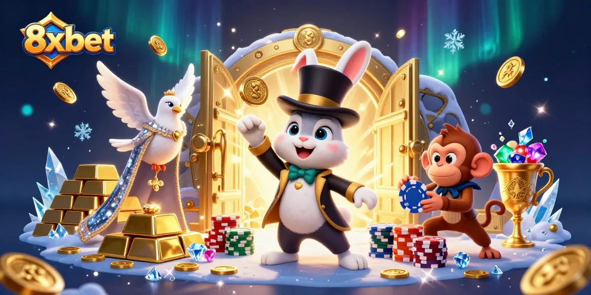 Engage with 8xbet's vibrant casino world, featuring a magician rabbit and treasures in this exciting 3D scene.