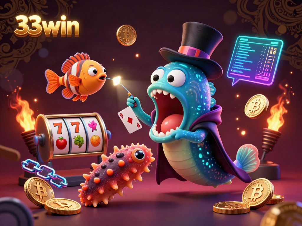 Experience 33win's immersive magic act with a cartoon eel, anglerfish, and vibrant slot reels.