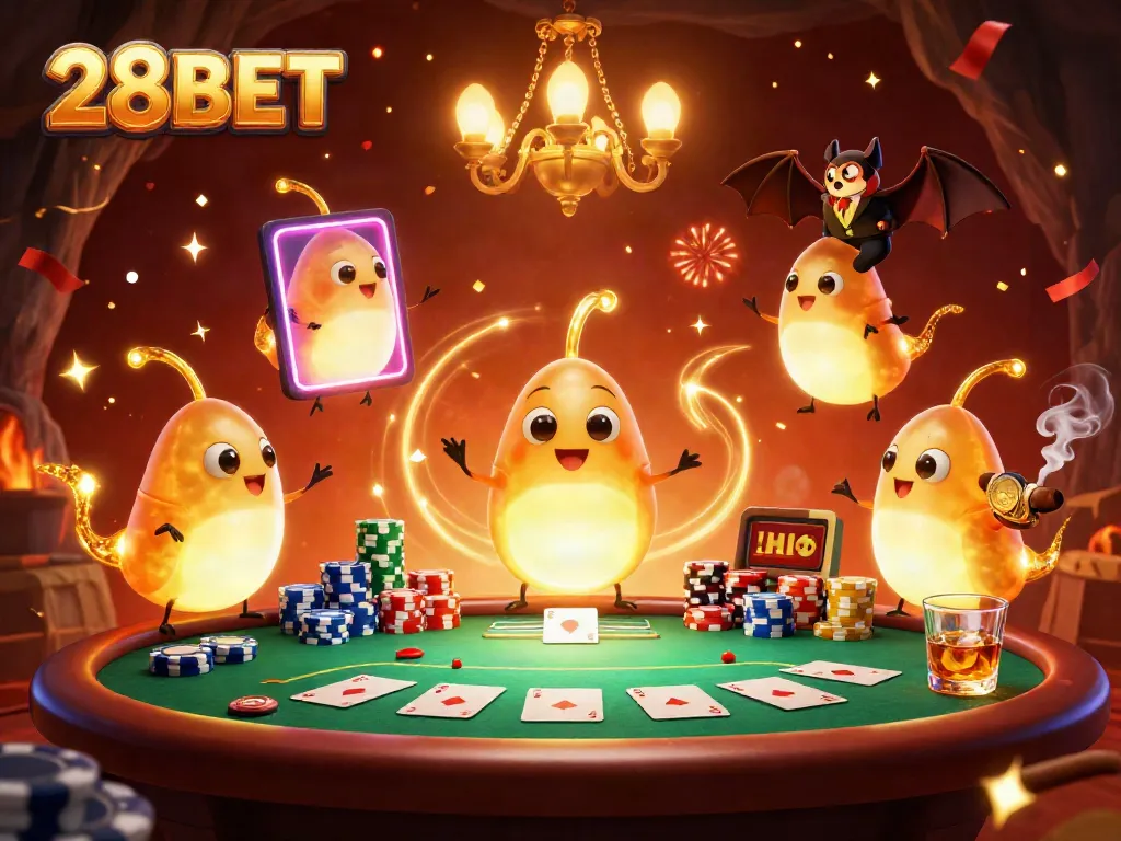 Experience thrilling action at 28BET with glowing characters and dynamic poker elements in a vibrant casino