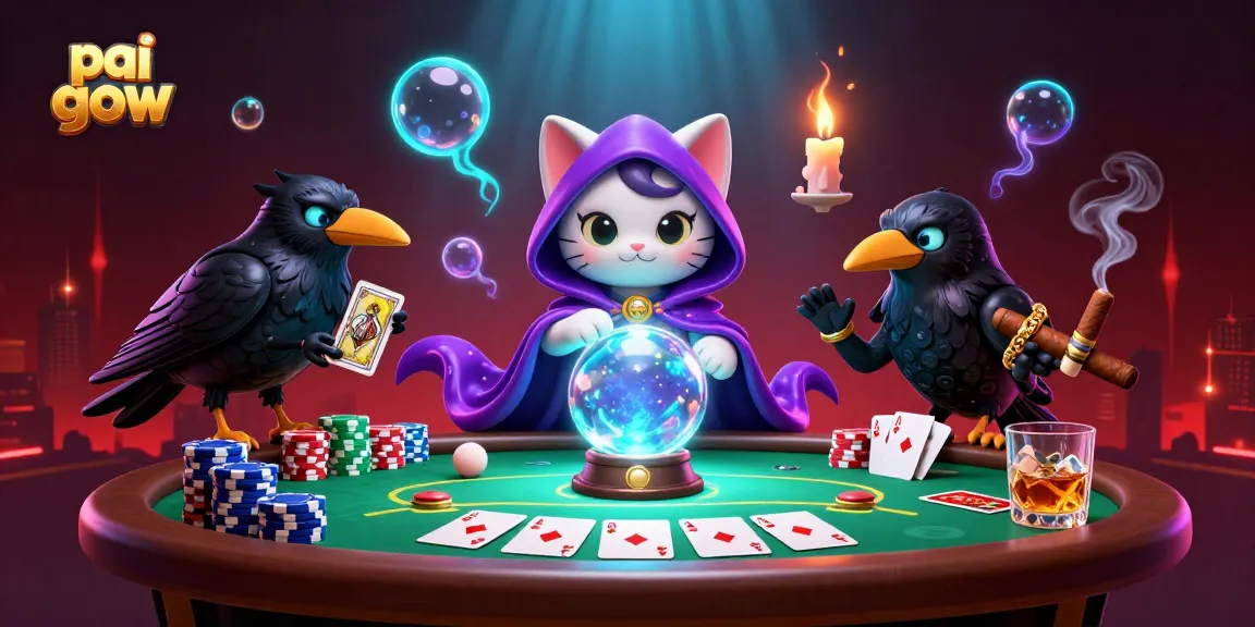 Pai Gow fortune teller cat and raven illustrate strategic gameplay in an engaging casino scene.