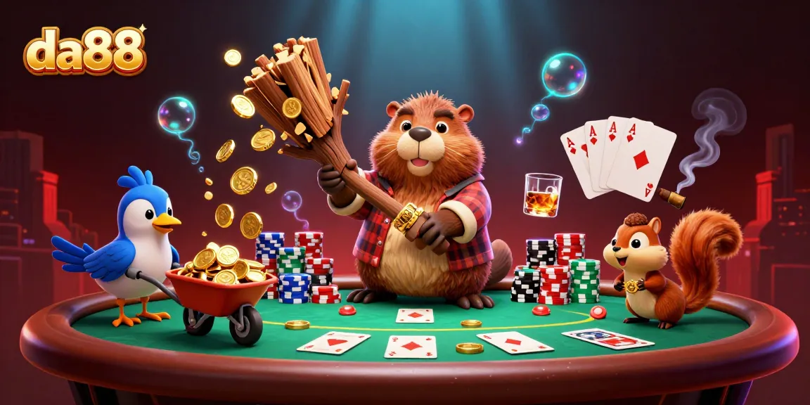 Experience da88 game excitement with a lumberjack beaver, collecting golden coins while playing poker.