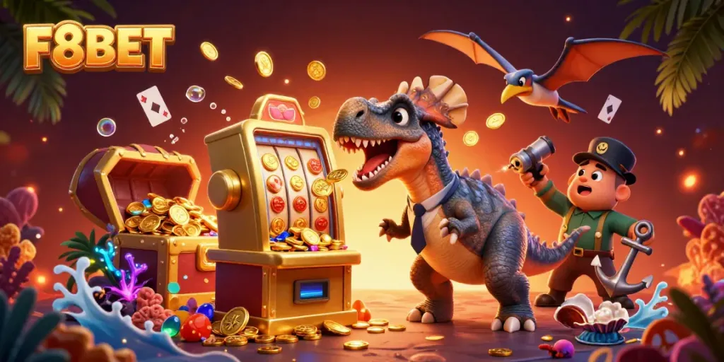 F8BET showcases an engaging 3D scene where a pachycephalosaurus interacts with a golden slot machine amidst dynamic casino elements.