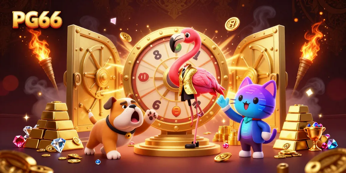 Engage in thrilling gameplay at PG66 with a sparkling game show atmosphere featuring vibrant characters and prizes.