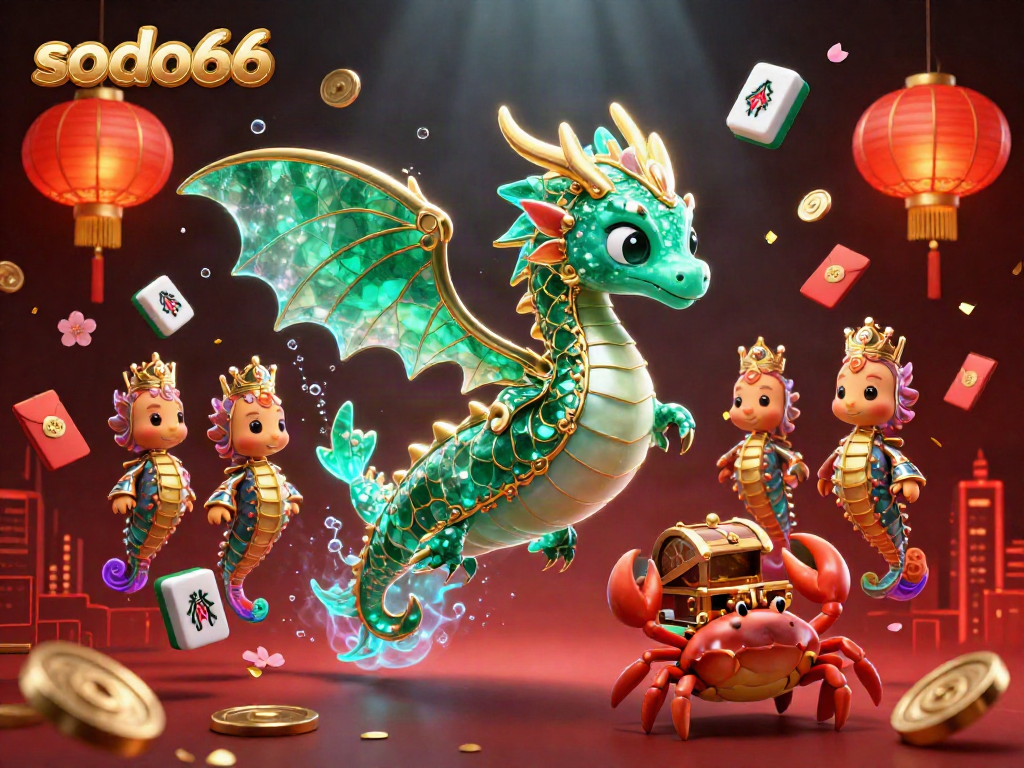 Sodo66's emerald sea dragon and royal seahorse guard lead a treasure hunt with festive casino elements.
