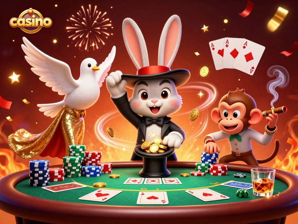 Magician rabbit reveals golden coins at a casino table, with poker chips and vibrant confetti.