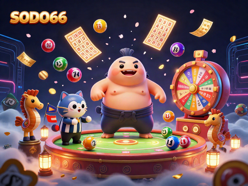 SODO66 showcases an underwater casino with a fugu in a sumo belt and a catfish referee, surrounded by lottery elements.