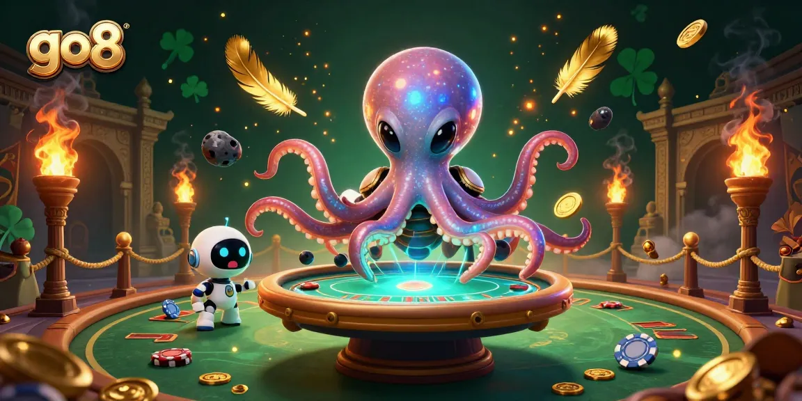 Engage with go8's thrilling casino experience at a holographic poker table in vibrant 3D.