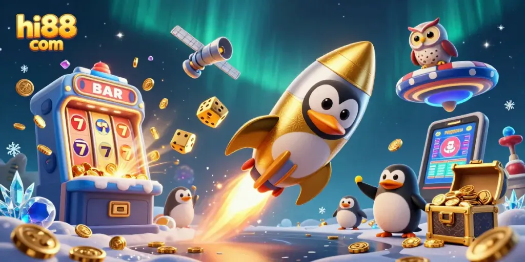 Spin to win with hi88 com in this vibrant casino-themed cosmic adventure illustration full of excitement.