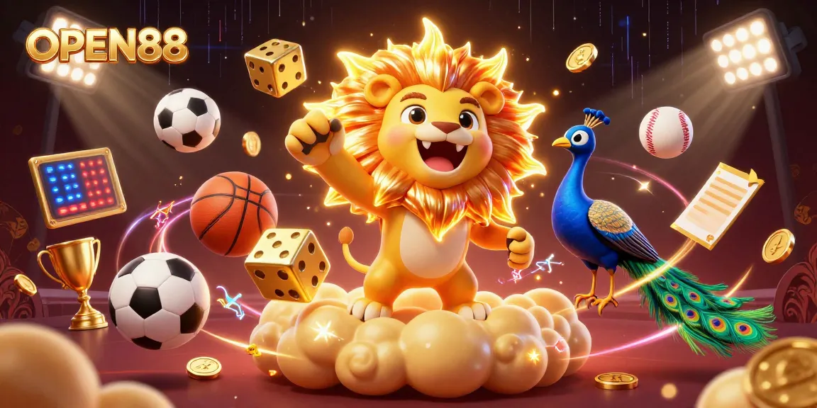 Experience the thrilling vibes of OPEN88 with a vibrant casino-themed 3D art showcasing gaming action.