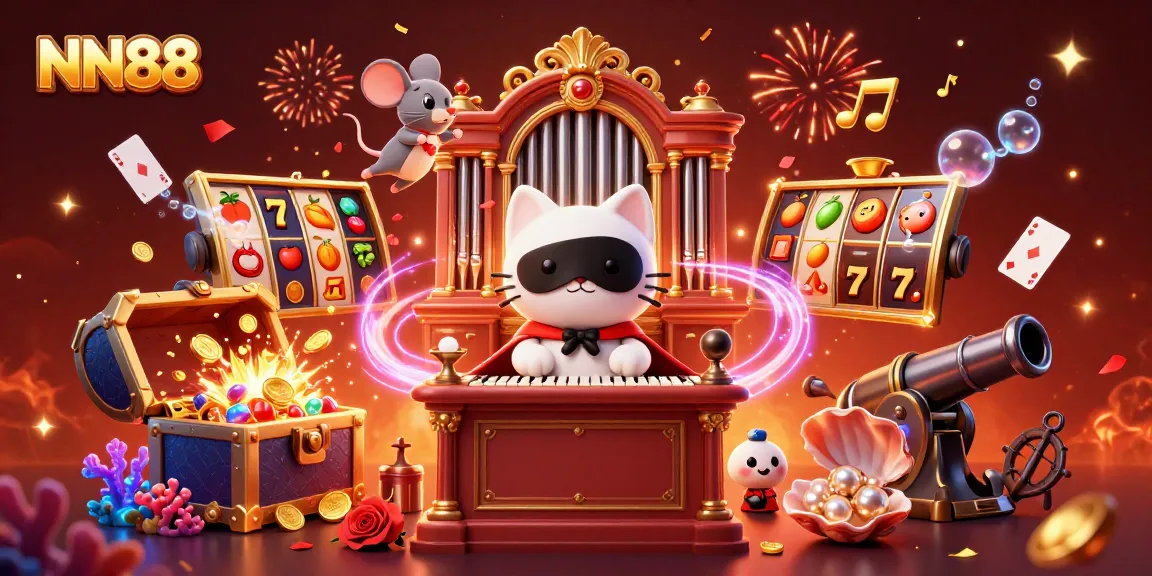 Experience winning thrills at NN88 with vibrant scenes of slot games and festive casino elements.