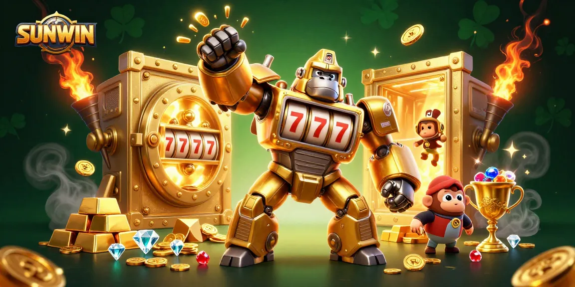 SUNWIN's dynamic gaming experience features a golden gorilla mech amidst treasures, enhancing slot adventures.