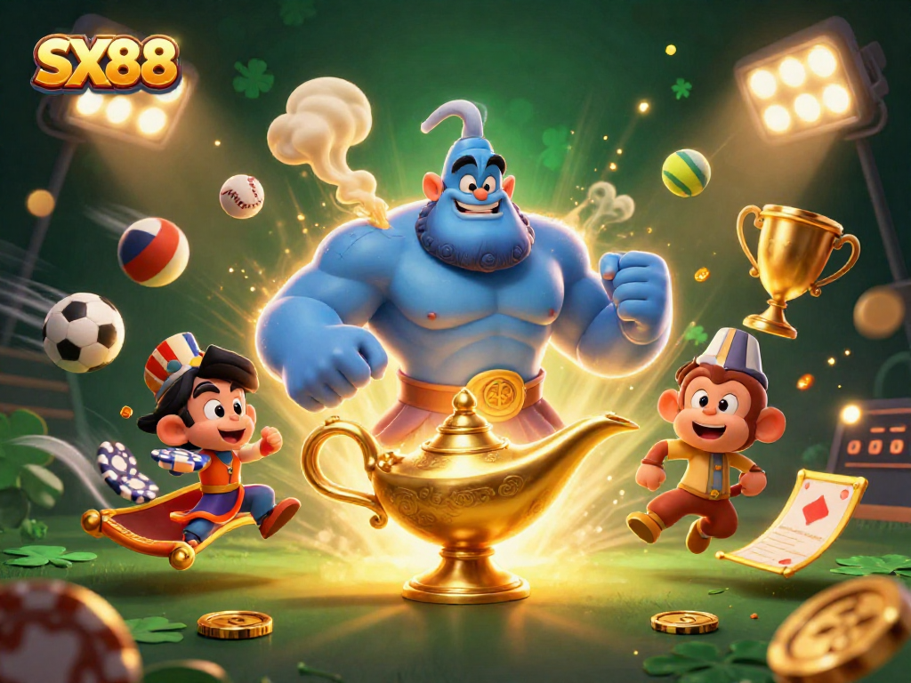 SX88 engages users with an exciting 3D scene of a genie, monkey, and poker elements flying in rich casino atmosphere.