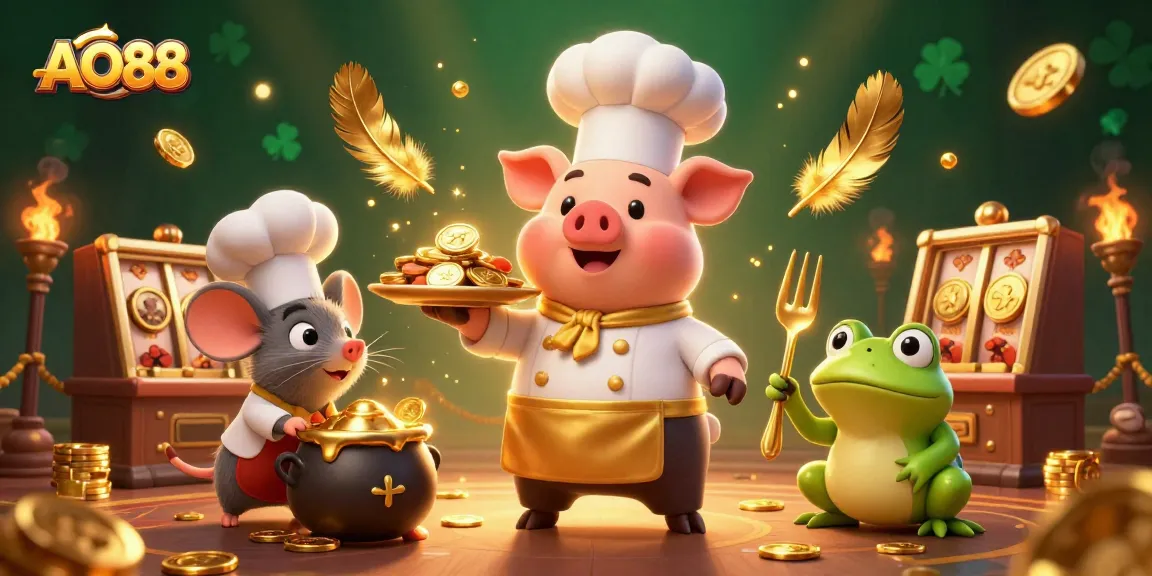 Spin slots with AO88 as the chef pig serves gold coins in a vibrant casino scene.