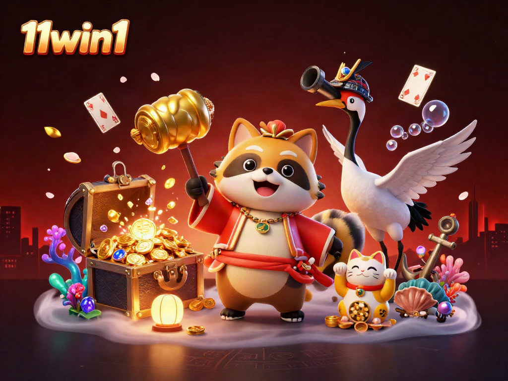 Experience exciting wins with 11win1 in this vibrant casino-themed illustration featuring a cheerful tanuki and treasures.