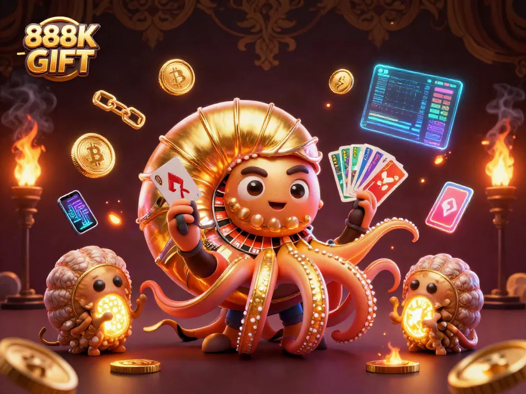 Engaging 888K GIFT casino illustration featuring a nautilus roulette wheel and glowing cryptocurrencies for immersive gameplay.